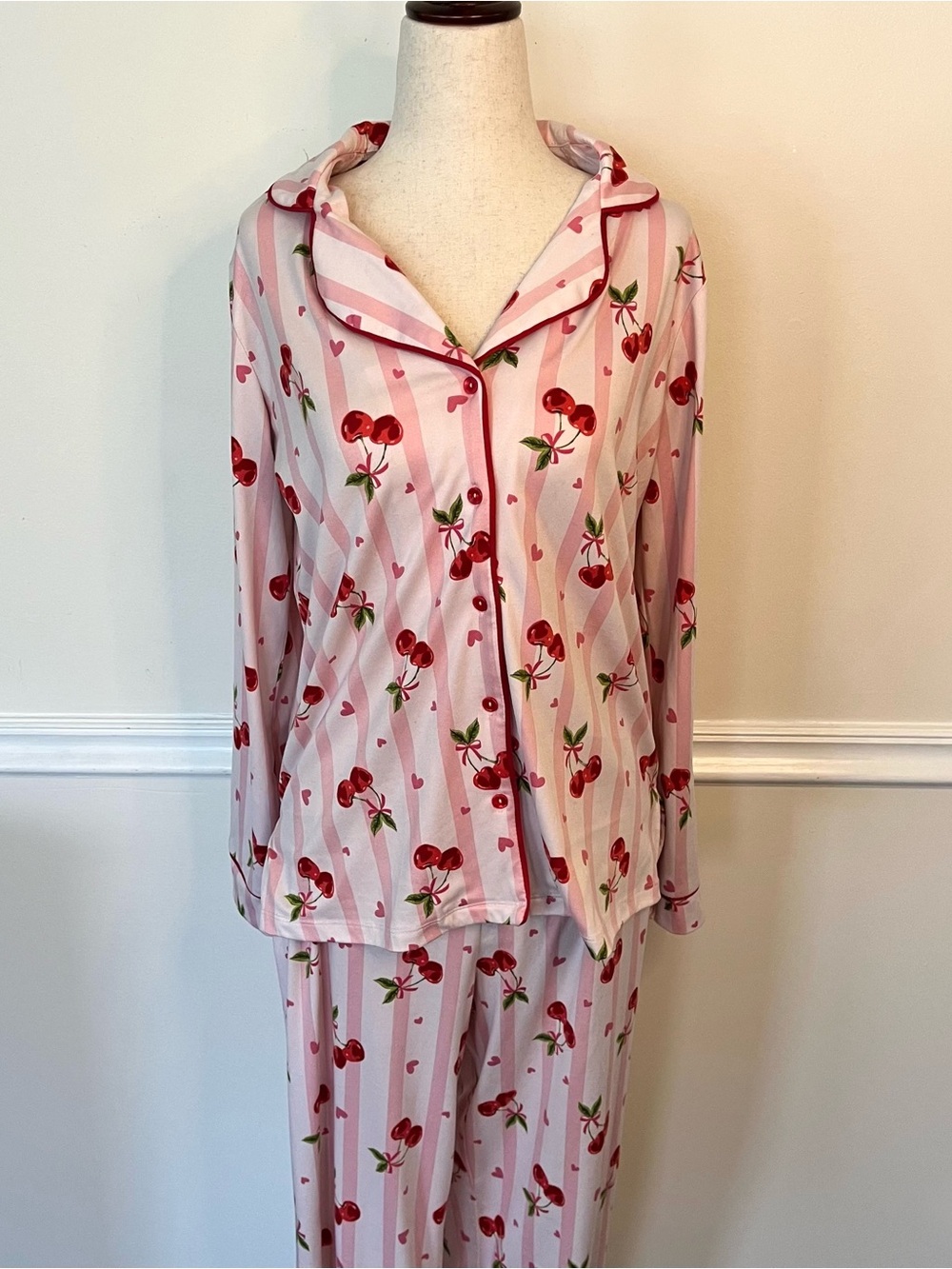 Pink Cherry-Print Pajama Set - Relaxed Button-Up Top & Pants